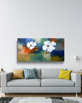 Two white flowers on an abstract colorful background